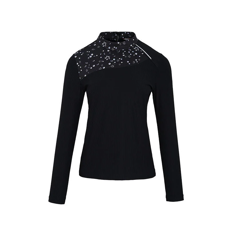 SVG Women's Black Patchwork Print Long-sleeved T-shirt Stand Collar-- Hooded Caped Shawl Collar
