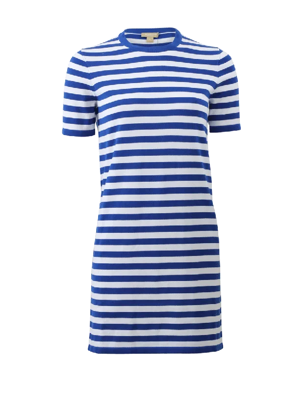 Striped Knit T-Shirt Dress-- Hooded Caped Shawl Collar