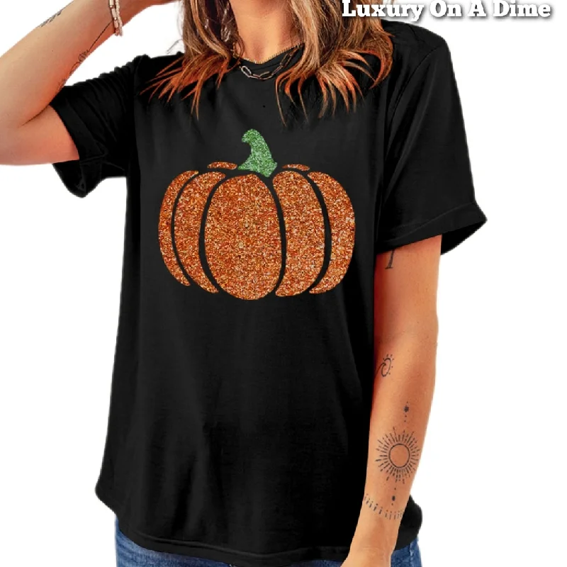 Glitter Encrusted Pumpkin Shirt Sparkling Halloween Festive Glittery Bling Fall Top-- Silk Blend Satin Velvet