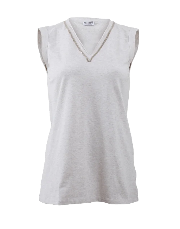 Sleeveless V-Neck T-Shirt-- Spandex Blend Rayon Blend Denim Blend