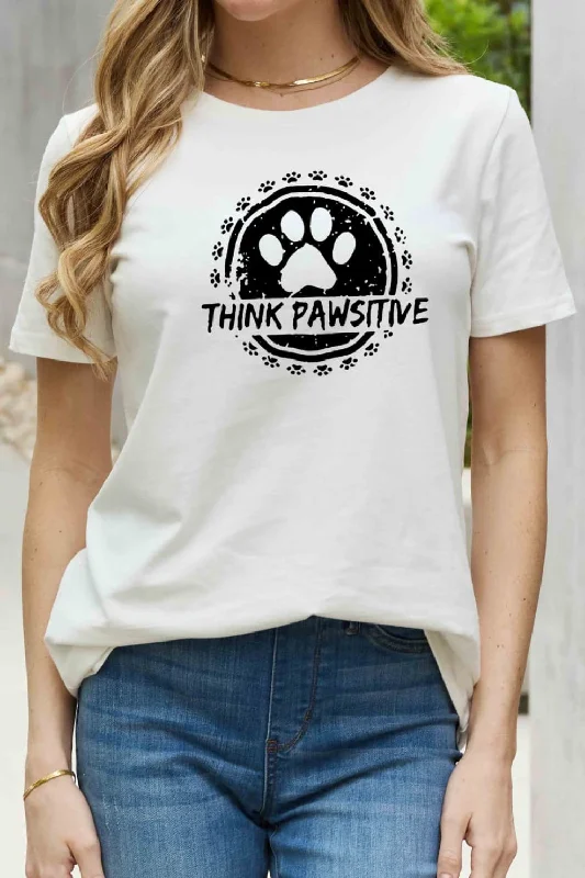 THINK PAWSITIVE Animal Paw Print Graphic 100% Cotton Short Sleeve Tee Shirt (Plus Size Avaialable)-- Fashionable Trendy Casual