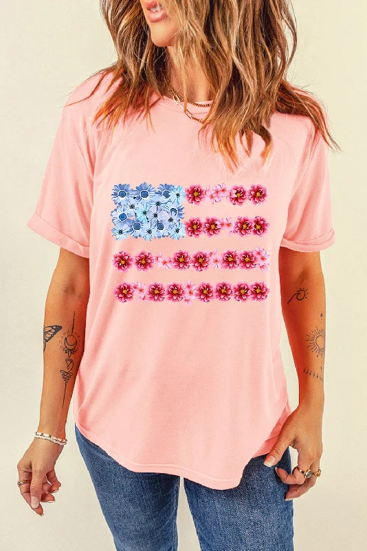 American Flag Graphic Shirt Floral Patriotic Womens Top Lightweight Short Sleeve-- Hooded Caped Shawl Collar