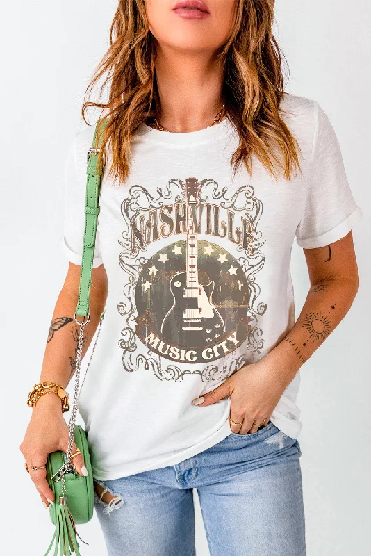 Nashville Music City Rustic Graphic Shirt Retro Guitar Americana Short Sleeve Top-- Polka Dot Checkered Tartan