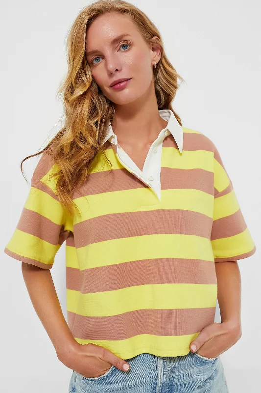 Citron Stripe Cotton Wesley Rugby Shirt-- Ribbed T-Shirt High Neck Heavyweight