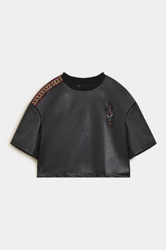 Cropped Faux Leather Embroidered T-shirt-- Chenille Blend Fleece Blend Nylon Blend