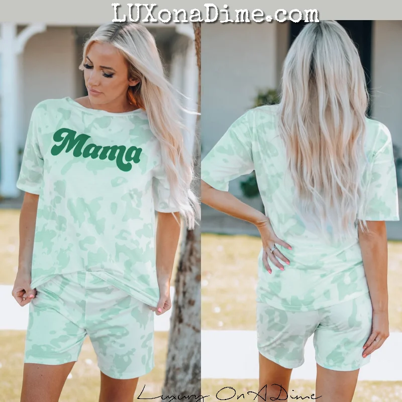 MAMA Graphic Tie-dye Maching Casual Shirt and Shorts Lounge Set-- Nylon Fabric Polyester Fabric Spandex Fabric