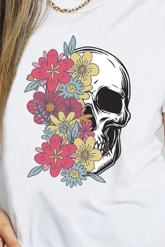 Colorful Floral Skull Graphic 100% Cotton Short Sleeve Tee Shirt (Plus Size Available)-- Chenille Brocade Lace