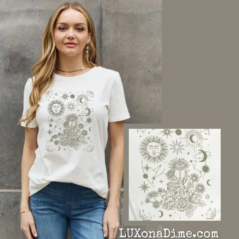 Celestial Moon Sun Stars Graphic Short Sleeve 100% Cotton Tee Shirt (Plus Size Available)-- Machine Wash Dry Clean Hand Wash