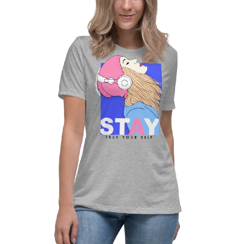 Stay True Yourself Women's Relaxed T-Shirt-- Ribbed T-Shirt High Neck Heavyweight