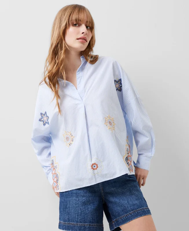 Rhodes Poplin Shirt - Linen White/Blue-- Solid Print Embellished