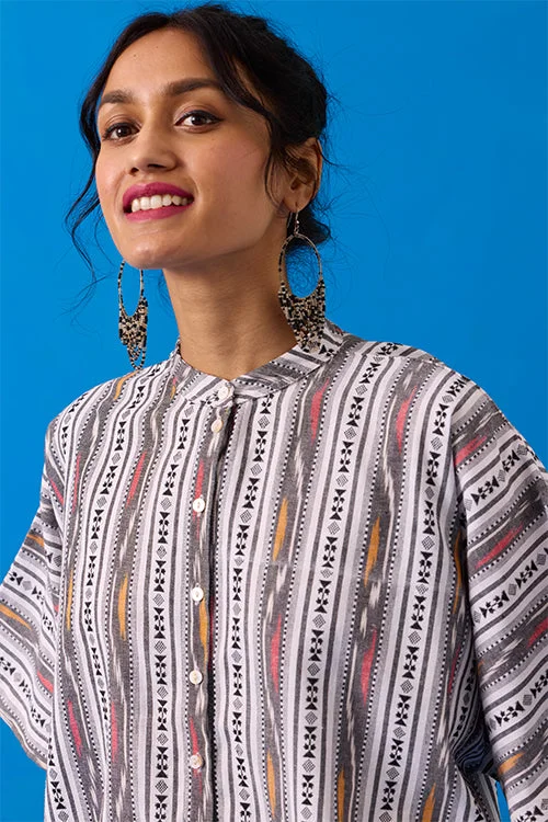 Okhai "Bandha" Hand-Embroidery and Mirror Work Ikkat Pure Cotton Shirt-- Wool Fabric Cashmere Fabric Tweed Fabric