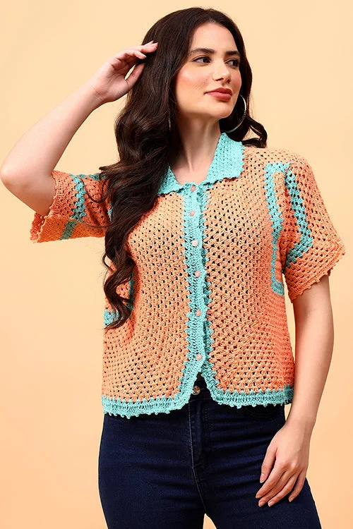 Ajoobaa "Bohocharm" Handmade Crochet Shirt-- Ribbed Striped Patterned