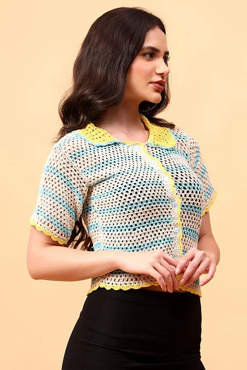 Ajoobaa "Bohobreeze" Handmade Crochet Shirt-- Embroidered Appliqued Beaded