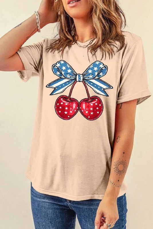 Cherry Bow American Flag Graphic Shirt Americana Patriotic Short Sleeve Top-- Houndstooth Herringbone Solid