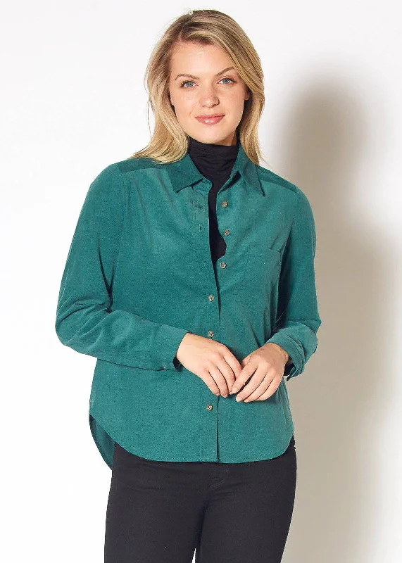 Women's Button Up Corduroy Shirt in Teal-- Real Fur Shearling Chenille