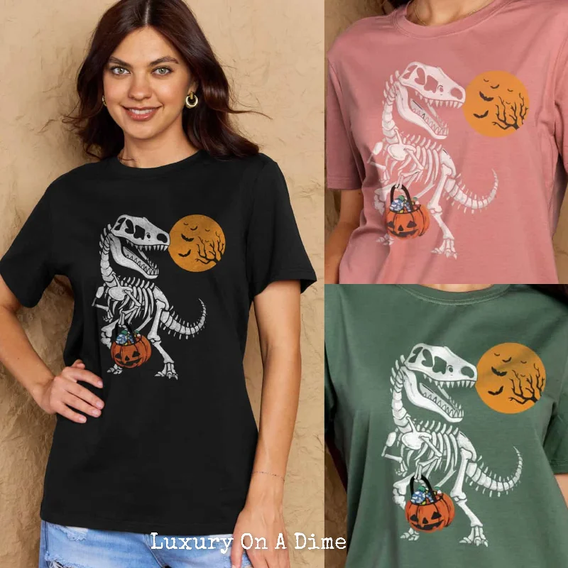 T-Rex Skeleton Trick or Treating Dinosaur Funny Graphic Tee Shirt Halloween Top-- Solid Color Striped Floral