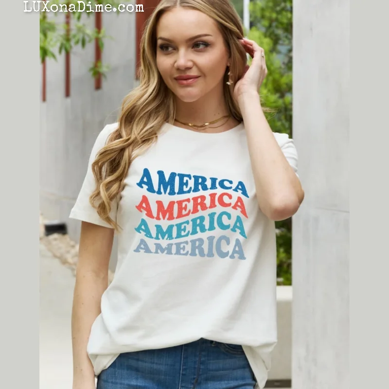 AMERICA Wave Graphic 100% Cotton Short-sleeve Patriotic USA Tee Shirt-- Chenille Blend Fleece Blend Nylon Blend
