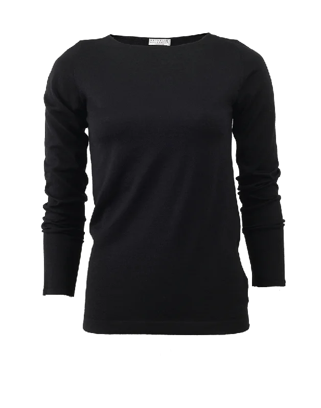 Boat Neck Cashmere T-Shirt-- V-Neck T-Shirt Long Sleeve Cotton