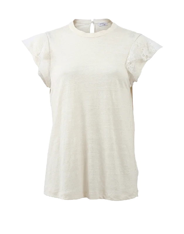 Lace Shoulder T-Shirt-- Welt Pockets Slit Pockets