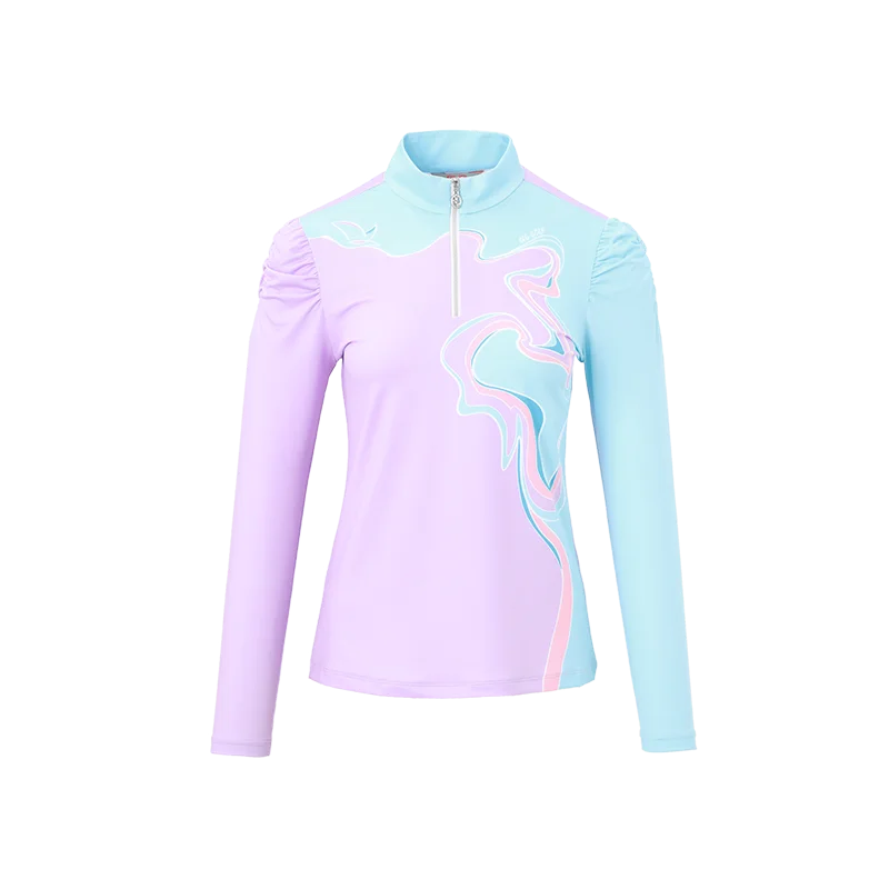 SVG Golf Women's Purple Printed Long-sleeved T-shirt Vertical Collar Bubble Sleeve Shirt-- Plaid T-Shirt Polka Dot Checkered