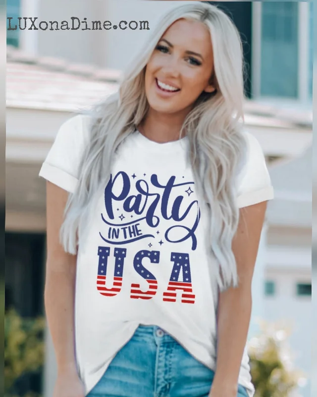 Woman's PARTY IN THE USA American Flag Graphic Cuffed Short Sleeve Tee Shirt (Plus Size Available)-- Satin Fabric Silk Fabric Chiffon Fabric