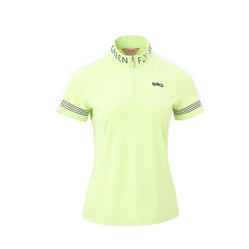 SVG Golf Women's Yellow-and-Green Short-sleeved T-shirt Zipper Collar-- Solid Color Striped Floral
