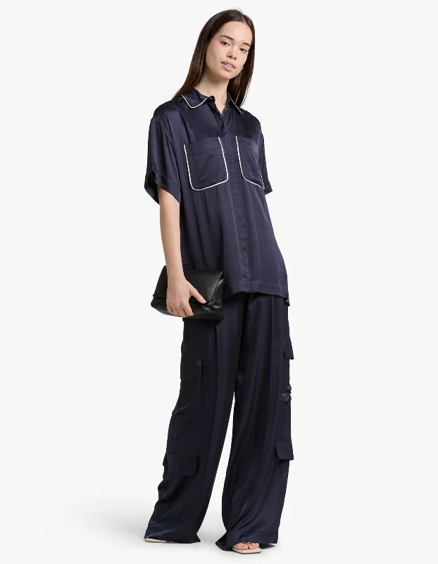 Shae Contrast Short Sleeve Relaxed Shirt - Aegean Blue-- Terry Blend Velvet Blend Canvas Blend
