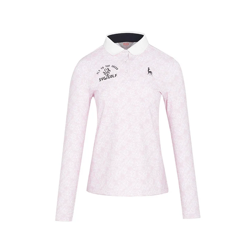 SVG Golf Women's Pink Rose Print Long Sleeve T-shirt-- Houndstooth Herringbone Solid