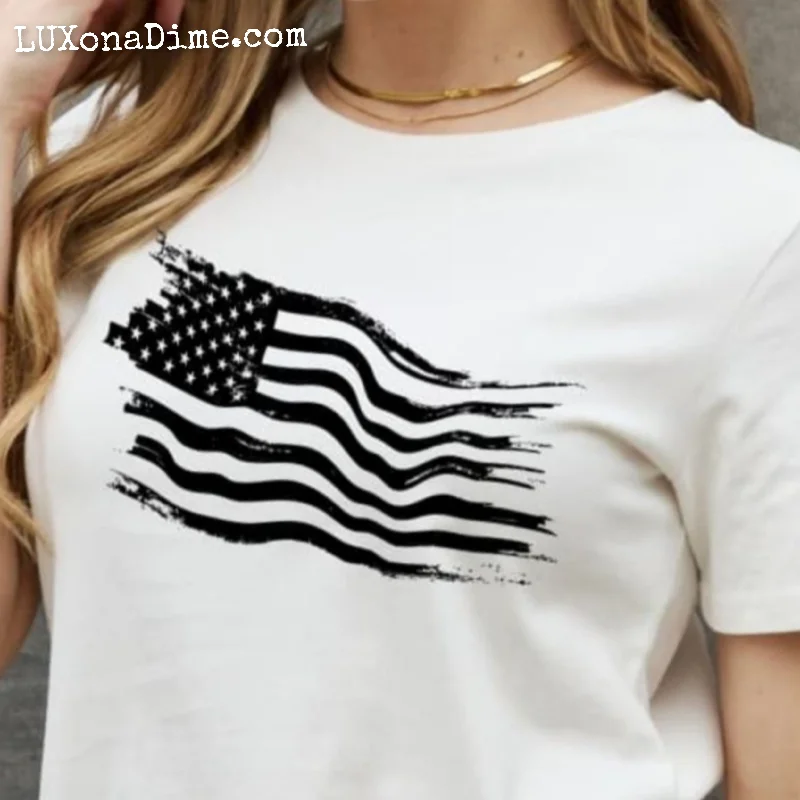 US American Flag Graphic 100% Cotton Short-sleeve Tee Shirt-- Notch Collar Peter Pan Collar Cowl Neck