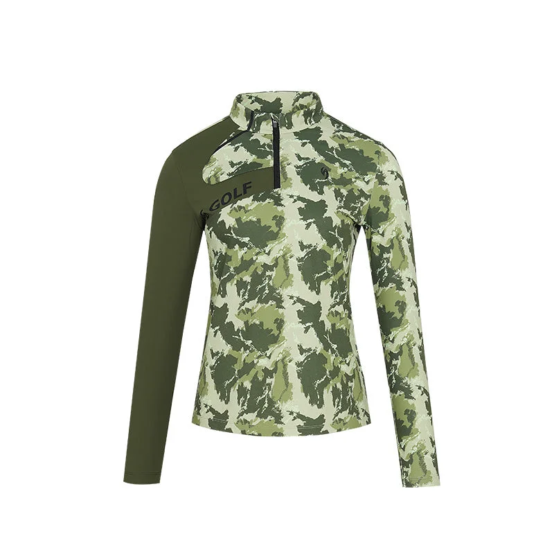 SVG Women's Camouflage Print Colorblock Long Sleeve T-Shirt Zipper Stand Collar-- Polka Dot Checkered Tartan
