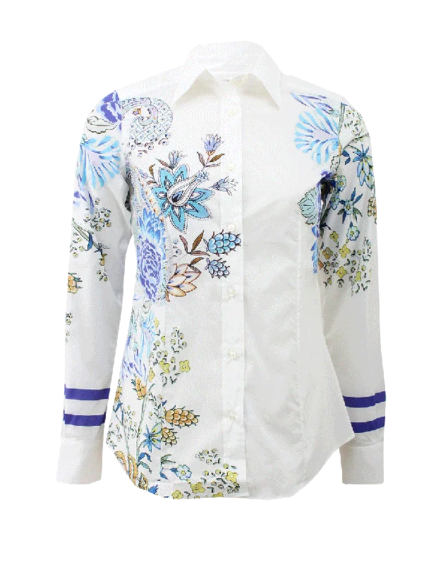 Flower Stripe Collared Shirt-- V-Neck T-Shirt Long Sleeve Cotton