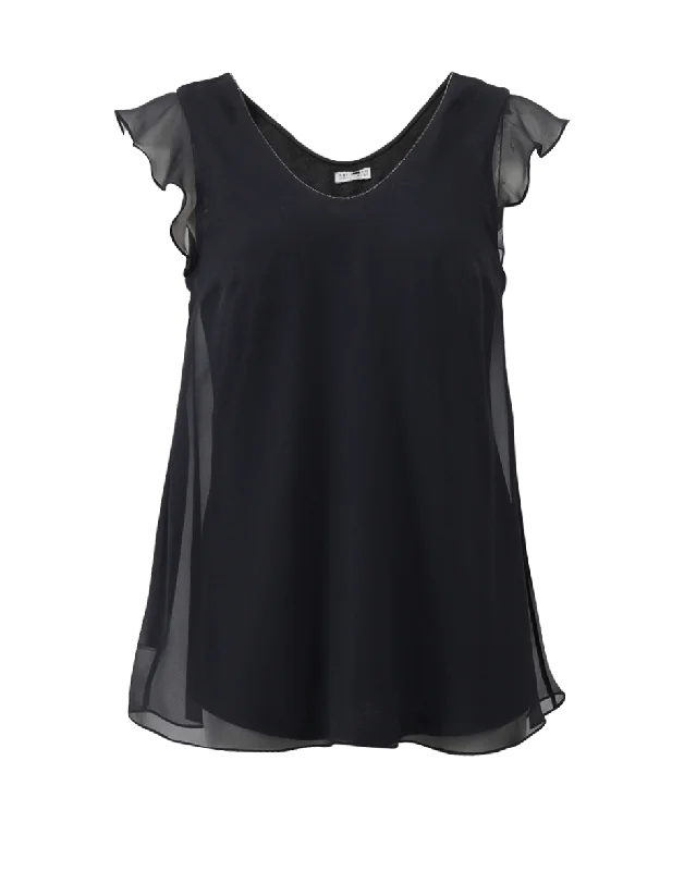 Ruffle Overlay T-Shirt-- Front Pockets Side Pockets Patch Pockets