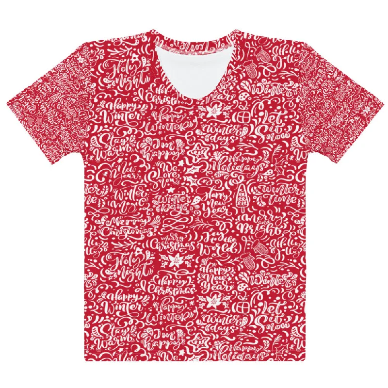 Red Christmas Typography Pattern Women's T-shirt-- Knit Fabric Woven Fabric Fleece Fabric