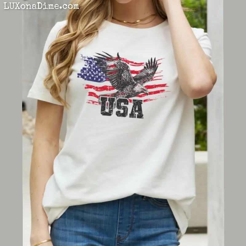 American Flag USA Patriotic Star and Stripe Eagle Graphic 100% Cotton Short-sleeve Tee Shirt-- Knit Fabric Woven Fabric Fleece Fabric