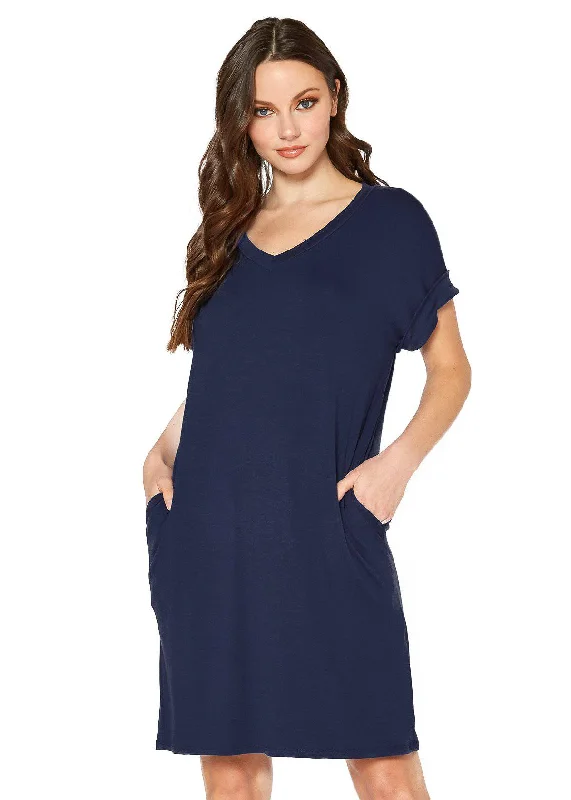 Women's Round Neck T-shirt Dress With Pocket-- Hooded Caped Shawl Collar