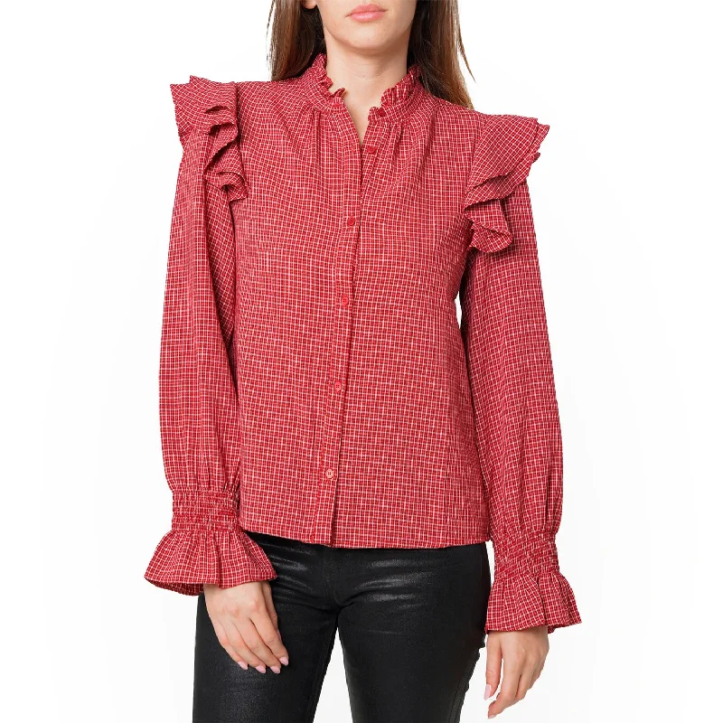 Women's Ruffle Detailed Plaid Shirt in Red-- Fitted T-Shirt Seamless Stretchy