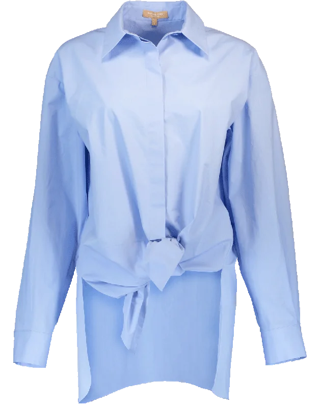 Tie Waist Long Shirt-- Solid Print Embellished