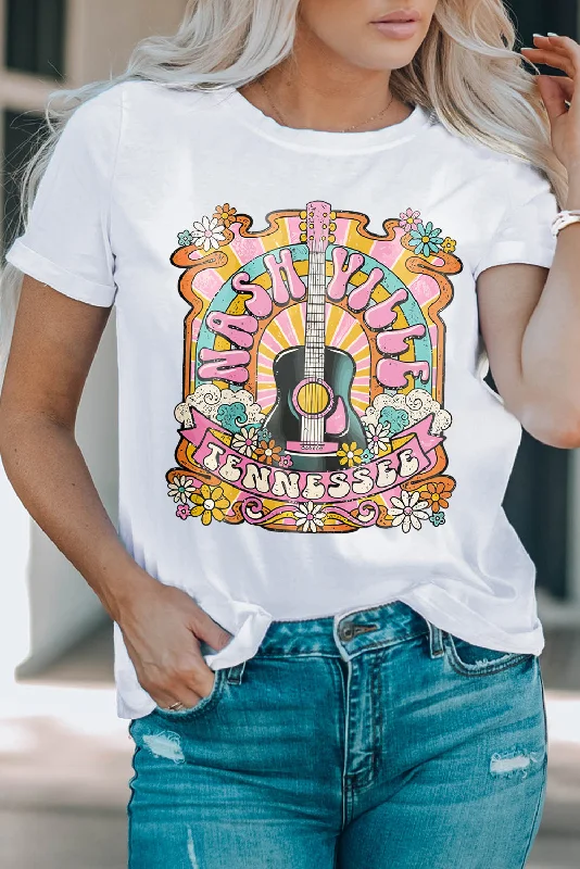 Groovy Nashville Music City Hippie Shirt Retro Guitar Americana Short Sleeve Top-- Striped Floral Plaid