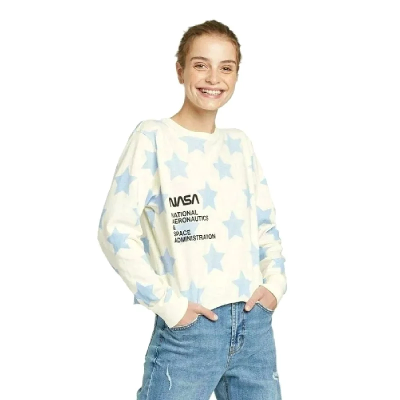 MIGHTY FINE Shirt NASA Star Long Sleeve Cropped Retro Graphic T-Shirt-- Embroidered Appliqued Beaded