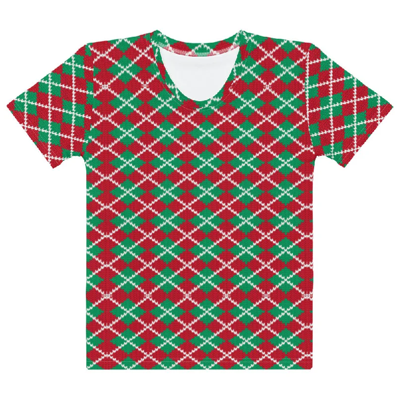 Knit Argyle Christmas Pattern Women's T-shirt-- Faux Fur Fabric Real Fur Fabric Shearling Fabric