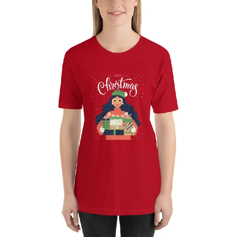Christmas Girl Holding Gifts Short-Sleeve Women's T-Shirt-- Notch Collar Peter Pan Collar Cowl Neck