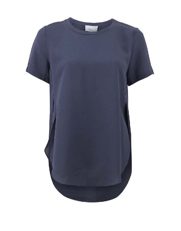 High Low Hem T-Shirt-- Mesh Fabric Canvas Fabric Denim Fabric