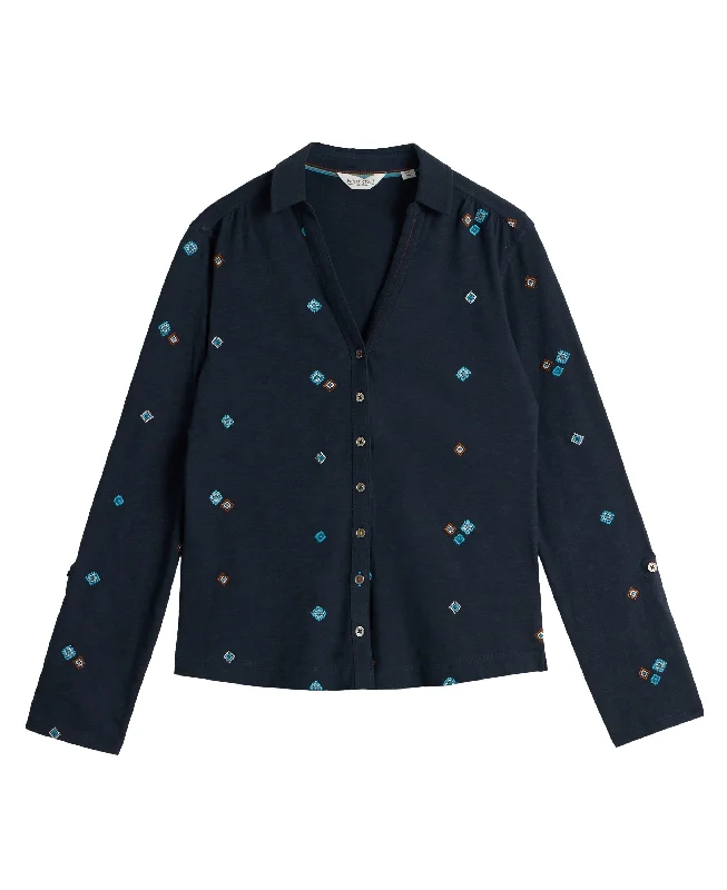 Annie Embroidered Shirt - Navy Multi-- Striped Floral Plaid