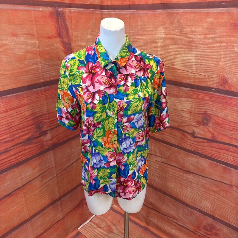 TALBOTS TROPICAL PRINT SILK SHIRT SZ 4 TCC-- Front Pockets Side Pockets Patch Pockets