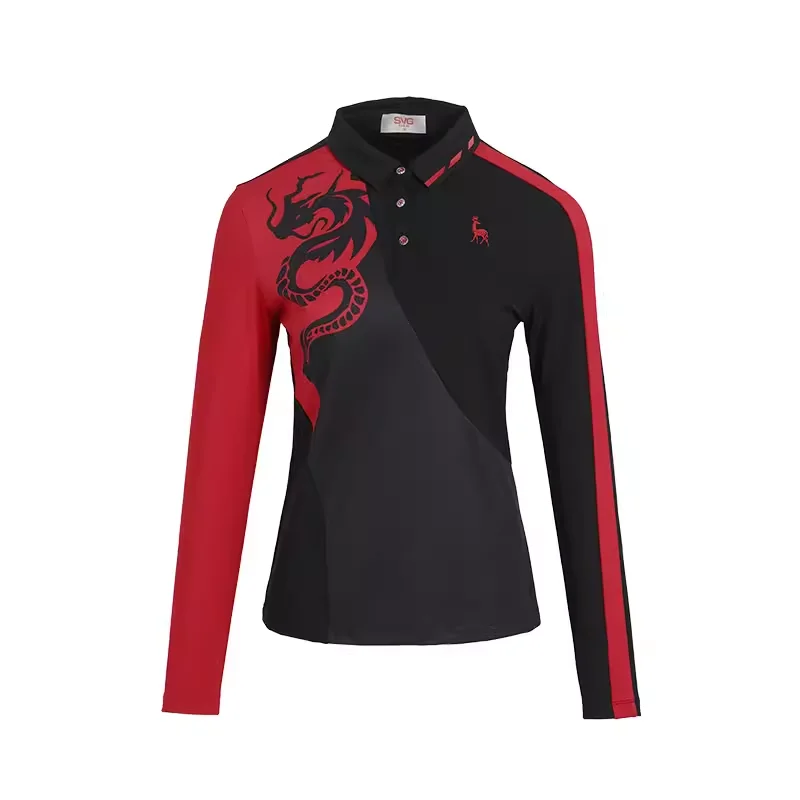 SVG Black Printed long -sleeved T -shirt Lapel Polo-- Fitted T-Shirt Seamless Stretchy