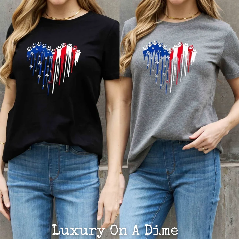 Paw-Print US American Flag Heart Graphic 100% Cotton Short-sleeve Tee Shirt (Plus Size Available)-- Iron Safe Non-Iron Wrinkle Free