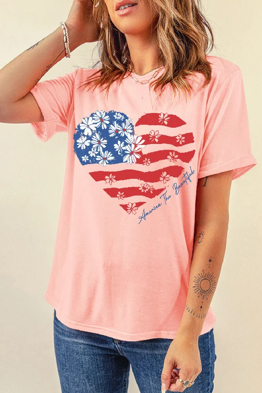 America The Beautiful American Flag Graphic Shirt Patriotic Floral Heart Top-- Print Jacquard Patchwork