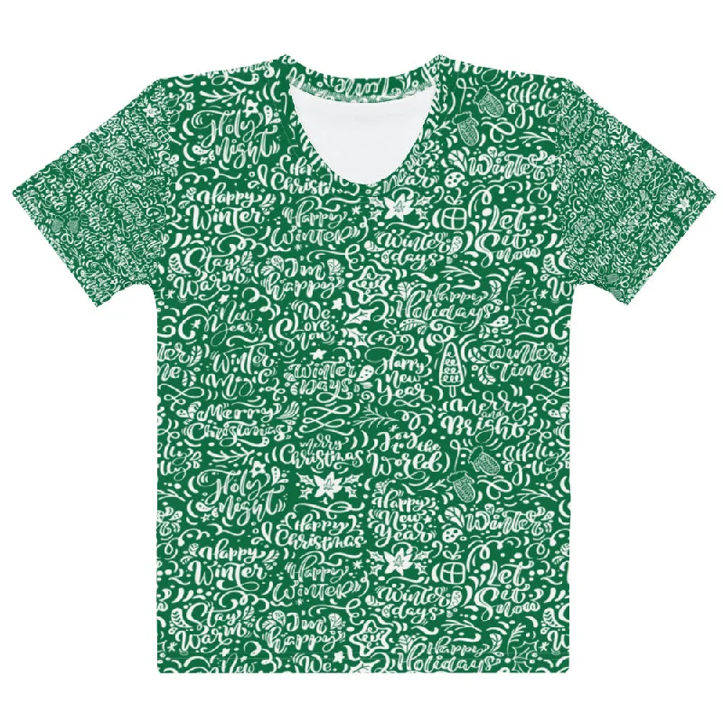 Green Christmas Typography Pattern Women's T-shirt-- Wool Fabric Cashmere Fabric Tweed Fabric