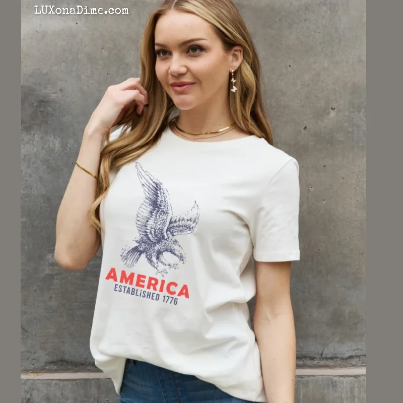 AMERICA ESTABLISHED 1776 Eagle Patriotic USA Graphic 100% Cotton Short-sleeve T-Shirt-- Spandex Blend Rayon Blend Denim Blend