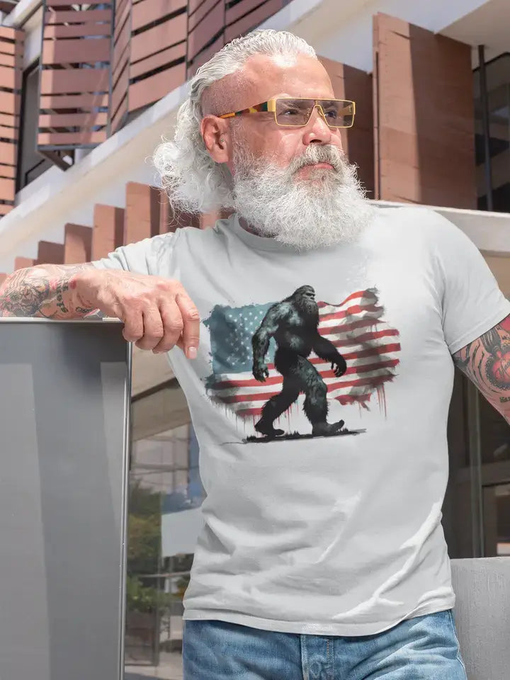 Youth American Flag Bigfoot T-Shirt - Gray-- Zippered Front Buttoned Front Snap Front